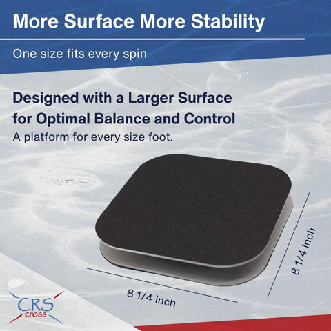 CRS Cross figure skating spinner training platform; square 8 1/4-inch metal base with black non-slip surface.