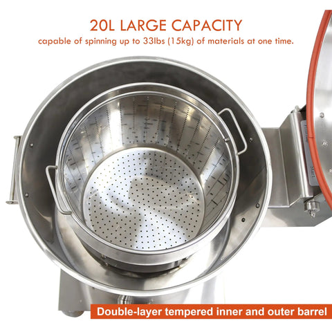 Straight Up Electric Food Dehydrator Spin Dryer Featuring Adjustable Centrifugal Action Up To Eight Hundred Fifty Rpm crafted with a large 20L stainless steel capacity.