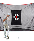 Man practicing with Golf Target Hitting Cloth For Backyard Practice, 5 By 4 Feet, Black, Portable And Foldable, Quick Setup.