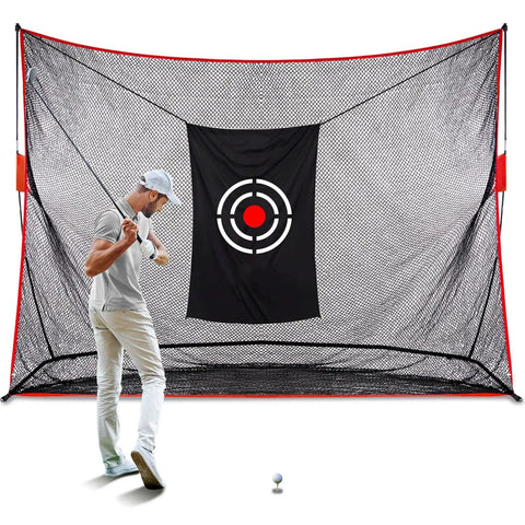Man practicing with Golf Target Hitting Cloth For Backyard Practice, 5 By 4 Feet, Black, Portable And Foldable, Quick Setup.
