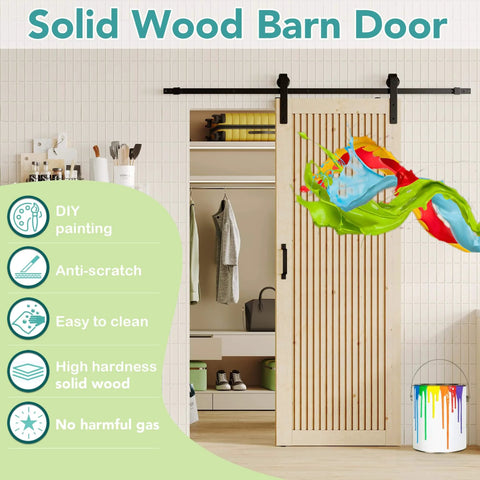42 Inch By 84 Inch Sliding Barn Door With Wood Slat Design And Hardware Kit Solid Pine Wood installed in a modern pantry.