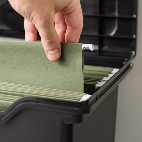 Person using Lockable File Box With Lid For Letter Files Portable Document Organizer With Hanging File Ledge Black