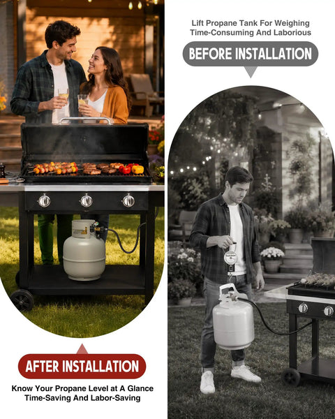Color Coded Propane Tank Gauge Level Indicator For 5 To 40 Lb Tanks Easy Read At A Glance With Green Yellow Red Zones No Guesswork For Grill Heater Fryer Camper And Outdoor Cooking On The Go mounted on a propane grill