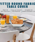 Round Fitted Tablecloth With Elastic Edge For Indoor And Outdoor Use Waterproof Wipeable Table Cover For 36 To 44 Inch Round Tables Farmhouse Style No Fuss Cleanup Dinner Picnic Patio Decor on dining table with breakfast