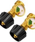 Two solid brass Propane Tank Gauge Level Indicator And Gas Pressure Meter With Color Coded Glow In The Dark Universal For All Cylinders Solid Brass 2 Pack Perfect For Grillin Camping And Outdoor Cooking Never Run Out Propane