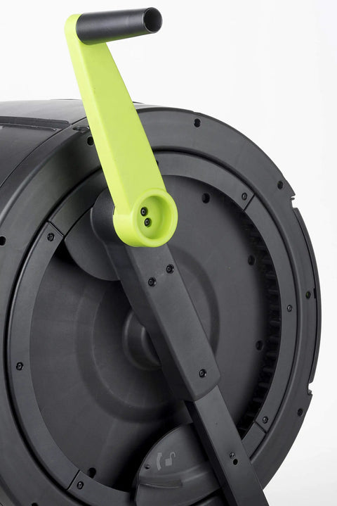 Close-up of handle on Two Stage 65 Gallon Compost Tumbler With Large Double Doors And Open Frame For Easy Unloading