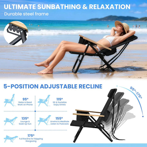Premium Portable Camping Chair With Five Position Recliner on beach with wooden armrests, headrest, and durable steel frame
