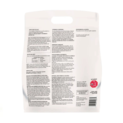 Back of packaging for Fast Dissolving Four In One Pool Shock Treatment, instructions and precautions visible, twelve pack format.