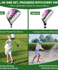 Pink 5 Piece Junior Golf Club Set For Kids Ages Four To Eight With Stand Bag, kids practicing golf swings on a course.
