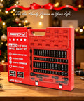 66 Piece One Half Inch Drive Impact Socket Set With Deep And Standard 6 Point Cr-V Sockets SAE Three Eighths To One And A Quarter Inch And Metric Ten To Twenty Four Millimeter Plus Ratchet Extensions Adapters Universal Joint Drill Adapter And Storage Case displayed in festive setting