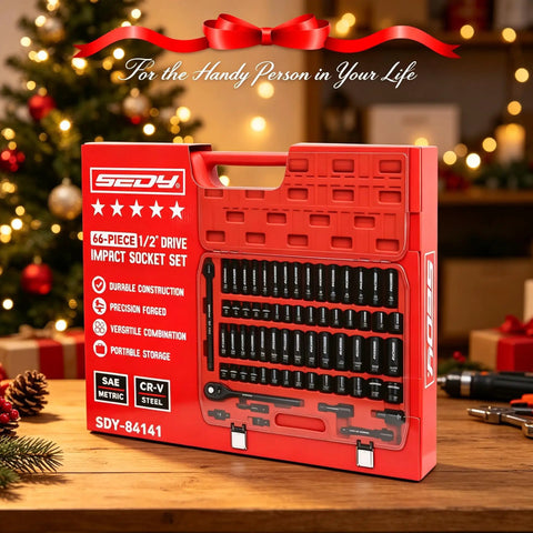 66 Piece One Half Inch Drive Impact Socket Set With Deep And Standard 6 Point Cr-V Sockets SAE Three Eighths To One And A Quarter Inch And Metric Ten To Twenty Four Millimeter Plus Ratchet Extensions Adapters Universal Joint Drill Adapter And Storage Case displayed in festive setting