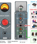 Dope Tube Phono Preamp T4 Plus For MM And MC Turntables, Warm Analog Vacuum Tube Sound, Preamplifier With Headphone Amp, Aux Input, VU Meter, Retro HiFi Vibe For Vinyl Lovers, front and rear view