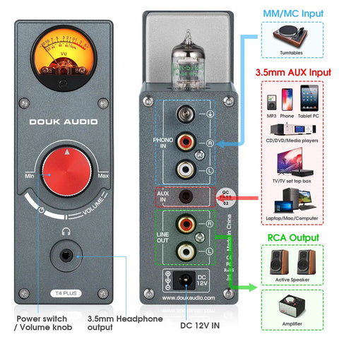 Dope Tube Phono Preamp T4 Plus For MM And MC Turntables, Warm Analog Vacuum Tube Sound, Preamplifier With Headphone Amp, Aux Input, VU Meter, Retro HiFi Vibe For Vinyl Lovers, front and rear view