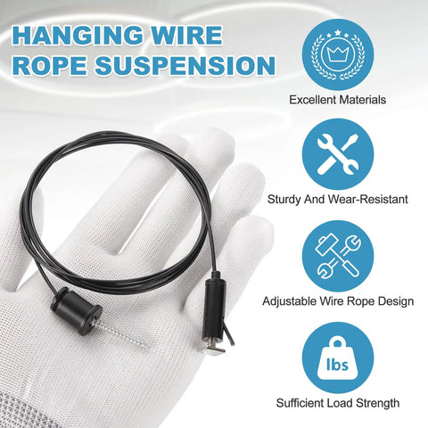 Six Set Ceiling Hanging Wire Cable Kit With 1.6ft Adjustable Suspension in hand, black metal construction, for chandeliers and panels.