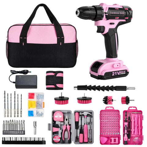 Pink Cordless Drill Kit With 220 Pieces 21V Power Drill And Tool Set For Women, includes magnetic wristband, screwdriver set, socket kit, and carry bag.