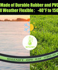 Heavy Duty Three Eighths Inch Air Hose Fifty Feet Thickened Five Layer Design Kink Resistant And All Weather Flexible 450 PSI Hybrid Compressor Hose With One Quarter Inch Brass Quick Coupler And Plug Pro Grade Industrial High Flow with temperature range and grass background