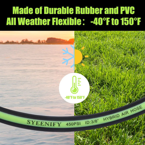 Heavy Duty Three Eighths Inch Air Hose Fifty Feet Thickened Five Layer Design Kink Resistant And All Weather Flexible 450 PSI Hybrid Compressor Hose With One Quarter Inch Brass Quick Coupler And Plug Pro Grade Industrial High Flow with temperature range and grass background