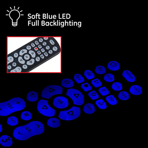 Backlit Universal Remote That Handles Four Devices, Boss Control For Samsung, Easy Setup, Backlit Buttons glowing in blue light.