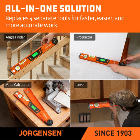 Digital Angle Finder And Protractor Level Brings Boss Level Precision For Nailing Every Woodworking Cut Dead On Accuracy Heavy Duty Multi Angle Measuring Tool Built Tough For Roofs And Toughest Shop Jobs in use measuring angles and leveling surfaces.
