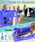Six Pack Bogg Bag Accessories Hooks Kit with Carabiner Keychain and Charm Inserts on beach tote showing organized items