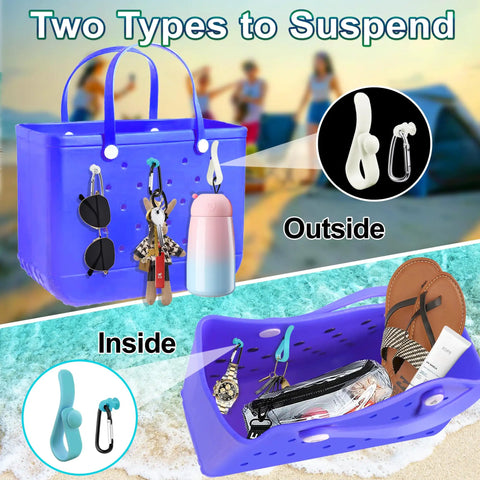 Six Pack Bogg Bag Accessories Hooks Kit with Carabiner Keychain and Charm Inserts on beach tote showing organized items