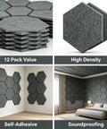 12 Pack Hexagon Acoustic Foam Panels Self Adhesive Sound Dampening Tiles High Density wall art in dark gray for soundproofing.