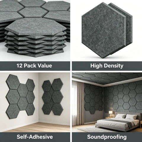12 Pack Hexagon Acoustic Foam Panels Self Adhesive Sound Dampening Tiles High Density wall art in dark gray for soundproofing.