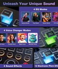 All In One Live Sound Card Mixer With Gooseneck Mic And Voice Changer For Streaming Gaming And Recording showcasing EQ modes and effects features.