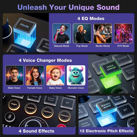 All In One Live Sound Card Mixer With Gooseneck Mic And Voice Changer For Streaming Gaming And Recording showcasing EQ modes and effects features.
