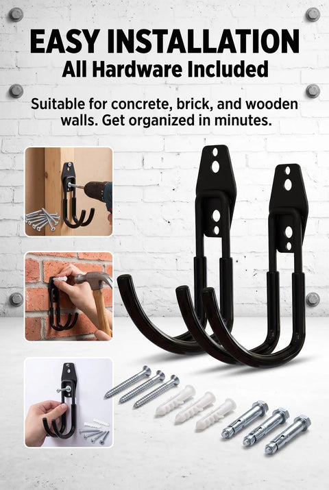 Built Like A Tank 2 Pack EV Charger Holder Wall Mount, Heavy Duty Steel Cable Organizer J Hook with installation hardware.