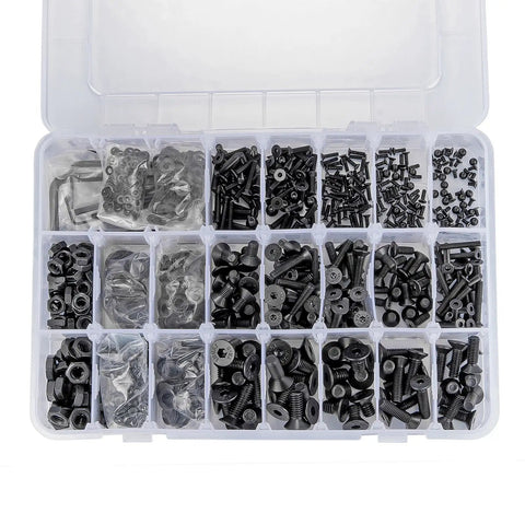 1310 Piece Metric Hex Socket Flat Head Screw Bolt Assortment Kit With Washers And Nuts M2 M3 M4 M5 M6 in clear organizer box.