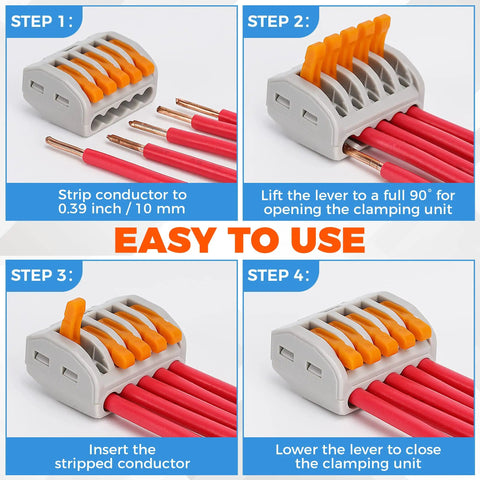 Step-by-step guide using 84-Piece Lever Wire Connectors Kit For Quick, Safe Wiring And Easy DIY Runs, 2 to 5 Port Push-In Levers