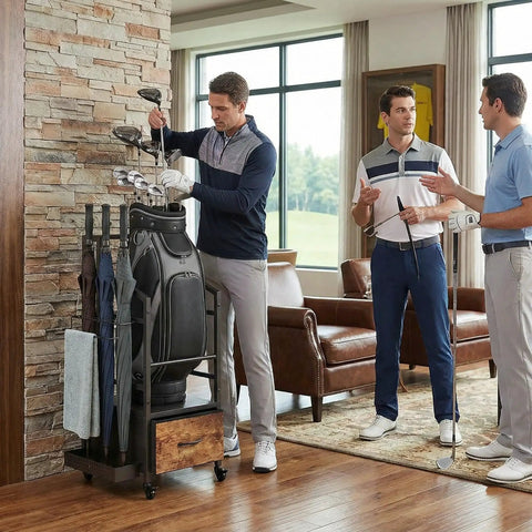 Garage Ready Golf Bag Organizer Rack With Wheels For Easy Single Bag Storage in living room with three men discussing golf