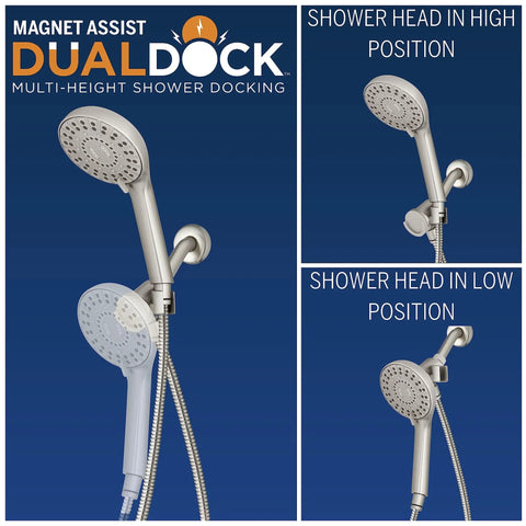 Adjustable Magnetic Dual Dock Handheld Shower Head With 5 Foot Metal Hose And PowerPulse Massage In Brushed Nickel 10 Inch Height Range Secure Magnetic Dock Easy Install No Fuss Setup For Family Bathrooms in varied positions