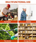 Men using tools for roof repair, painting walls, tree service pruning, and arranging shelves in a warehouse.