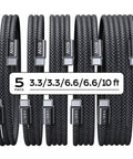 LISEN USB-C to USB-C braided charging cables, 5-pack in black, lengths 3.3/3.3/6.6/6.6/10 ft, 60W.