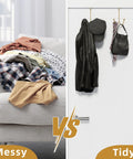 Comparison of messy couch with clothes and tidy door using Matte Gold Over The Door Double Hanger Hooks Twin Metal Organizer for coats and hats