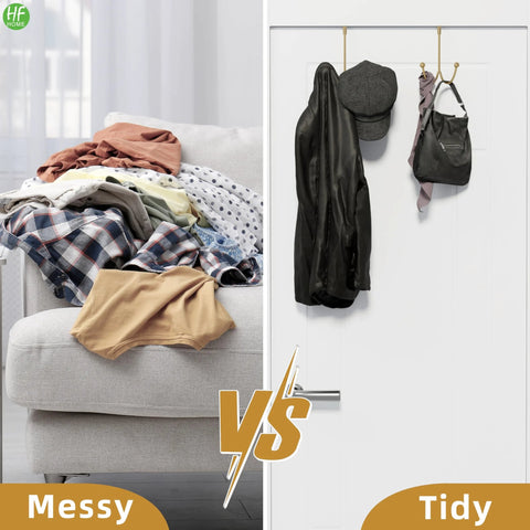 Comparison of messy couch with clothes and tidy door using Matte Gold Over The Door Double Hanger Hooks Twin Metal Organizer for coats and hats