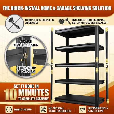 Heavy Duty Steel Storage Shelves With Anti Fall Rails For Maximum Security And Organization, Adjustable Shelves For Garage, Basement, And Pantry, Tight Tolerance Fit, Durable Construction, Easy Assembly For Instant Decluttering. Black 5-tier steel shelving