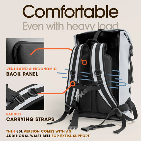 Back view of Rugged All Weather Waterproof Hiking Backpack With Roll Top Closure Cushioned Dry Bag And Waterproof Phone Case