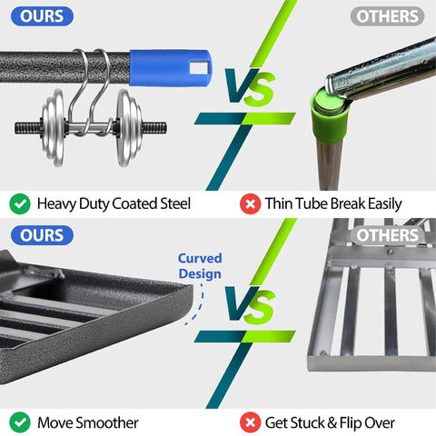 Comparison of heavy duty coated steel tube vs thin tube; curved design vs flat design for ease of use