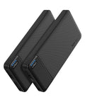 Two Pack 10000mAh Portable Charger Power Bank With Dual USB Ports On The Fly Quick Charge, black, slim, travel-ready design.