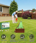 Father and son using Indoor Outdoor Golf Putting Mat With Ball Return For Home Office Backyard Practice Green Training Includes Putter And Five Balls 9.84 Feet Long Ideal For Casual Sessions And Serious Putting Practice At Home Or In The Office in backyard