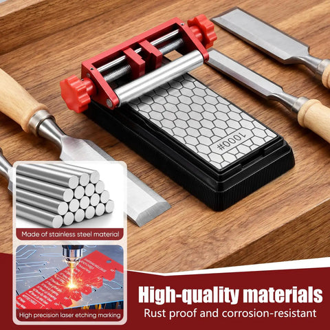Badass Chisel Sharpener And Honing Guide With Adjustable Angle Fixture For Plane Blades, stainless steel, 400 and 1000 grit.