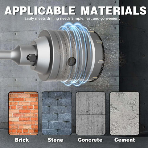 Close-up of METOTY 4-inch concrete hole saw with 220mm SDS Plus shank for brick, stone, and concrete drilling