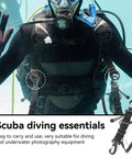 Diver with scuba gear using 2 Pack Coiled Scuba Diving Lanyards With Quick Release Buckles, Ideal For Dive Cameras And Lights, Keep Your Gear Safe With Clips And Webbing Strap, Durable Stainless Steel Build For Underwater Adventures
