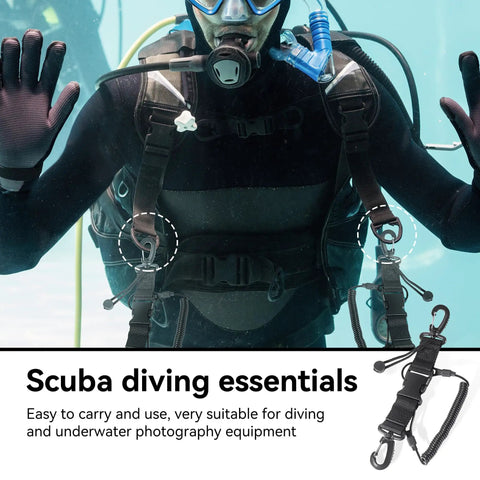 Diver with scuba gear using 2 Pack Coiled Scuba Diving Lanyards With Quick Release Buckles, Ideal For Dive Cameras And Lights, Keep Your Gear Safe With Clips And Webbing Strap, Durable Stainless Steel Build For Underwater Adventures