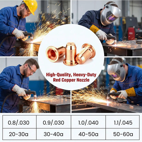 Get A Crazy Good Deal On This 23Pcs Plasma Cutter Torch Consumables Kit With Swirl Ring And Retaining Cup Perfect For Cut55 And Mpcut60 Non-Hf Machines Featuring 1Point1mm Nozzles And Replacement Electrodes, showcasing copper nozzles with sparks in workshop.