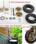 Parts of Heavy Duty Pneumatic Rubber Castor Wheels Provide Silent Gliding And Grippy Traction On Rough Grounds, showing disassembly and materials.
