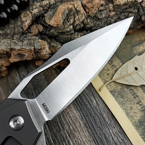 Close-up view of Folding Pocket Knife With D2 Steel Blade And Lightweight T6 Aluminum Alloy Handle on wooden surface.